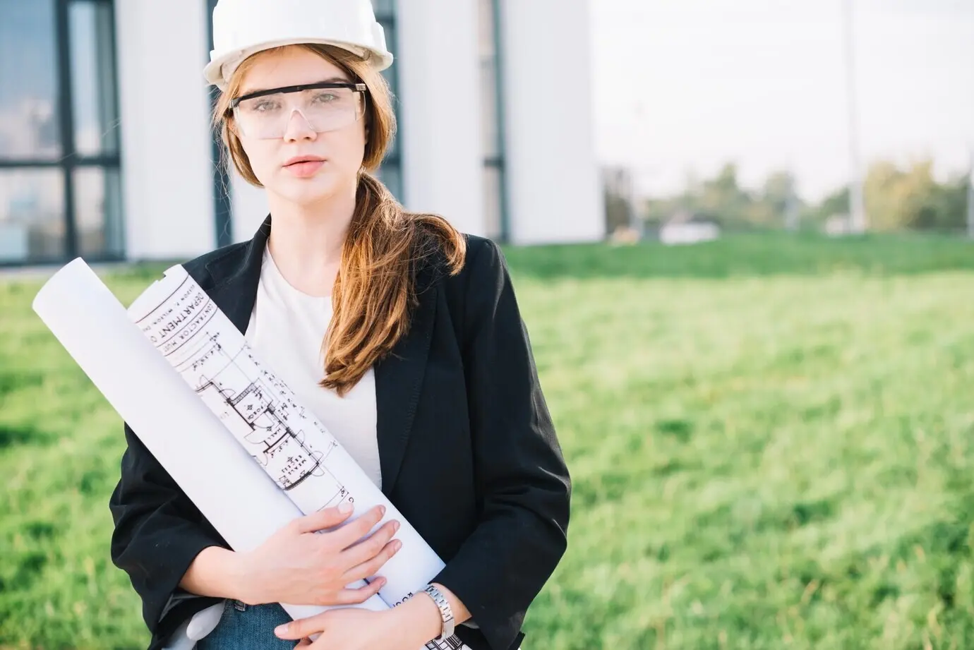 A woman with blueprints in her hands.